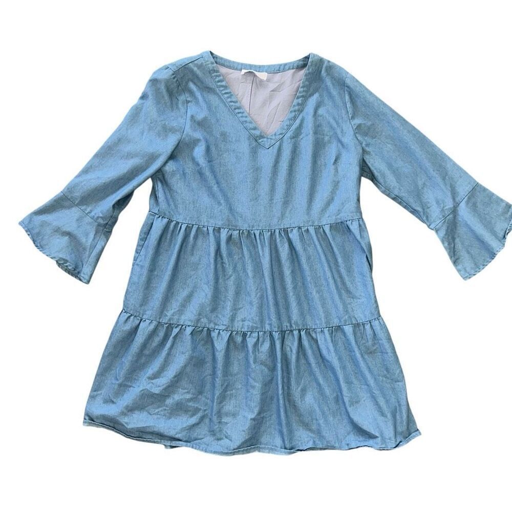 LILY MAES Faux Denim Tiered V-Neck Mini Dress Size L